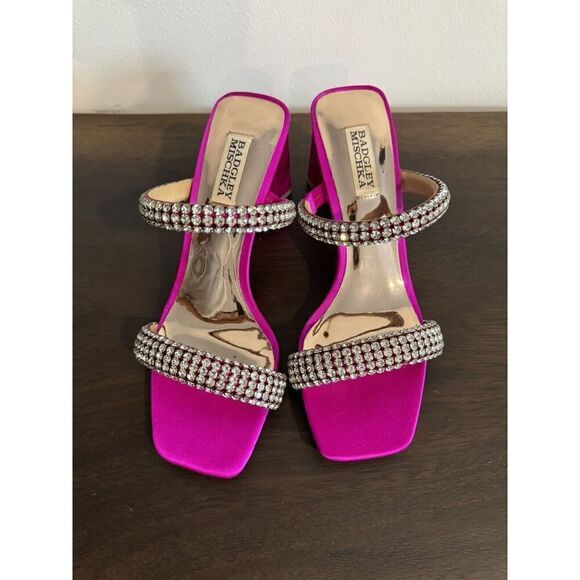 Badgley Mischka Women's Frankie Jeweled Band Heels Sandals 7.5 Fuchsia Satin - Picture 3 of 8